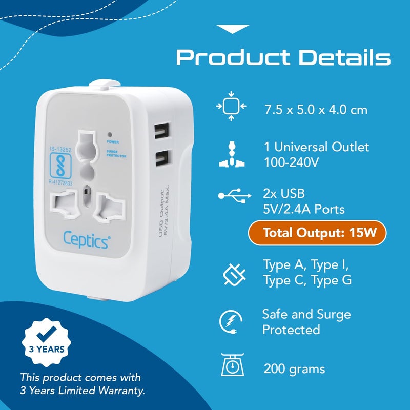 Ceptics Universal Charger Adapter 3 in 1 Universal Travel Adapter All in One Universal Travel Accessories 2 USB 24A 100250 Voltage Travel Charger International Travel Adapter White - Image 3