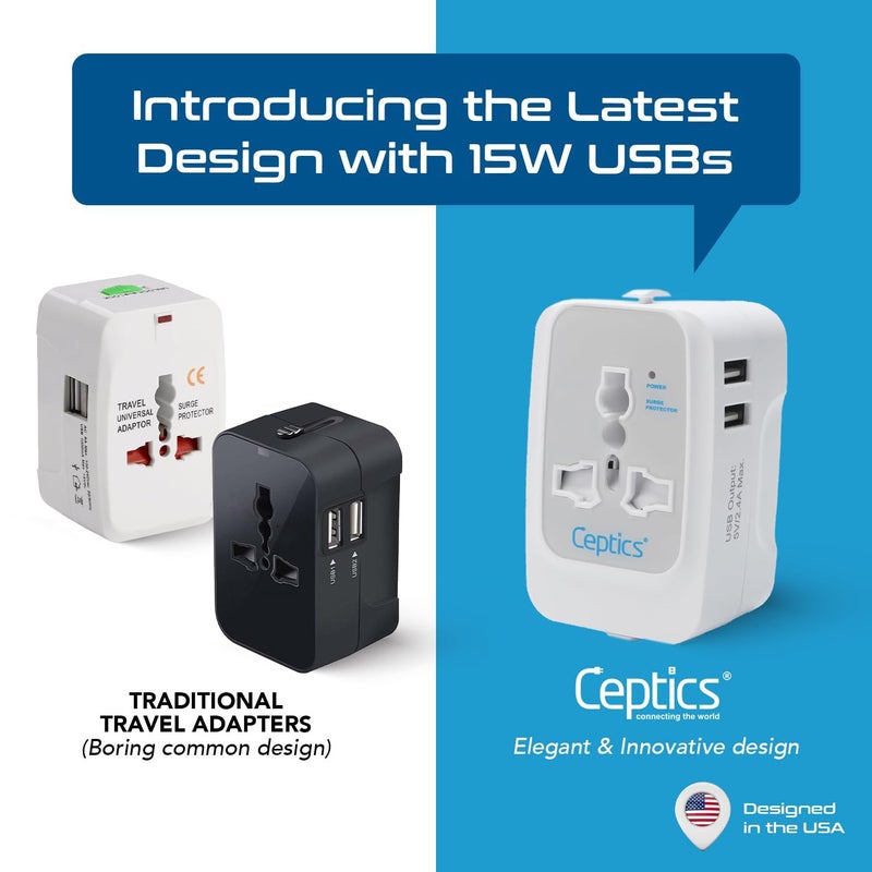 Ceptics Universal Charger Adapter 3 in 1 Universal Travel Adapter All in One Universal Travel Accessories 2 USB 24A 100250 Voltage Travel Charger International Travel Adapter White - Image 5