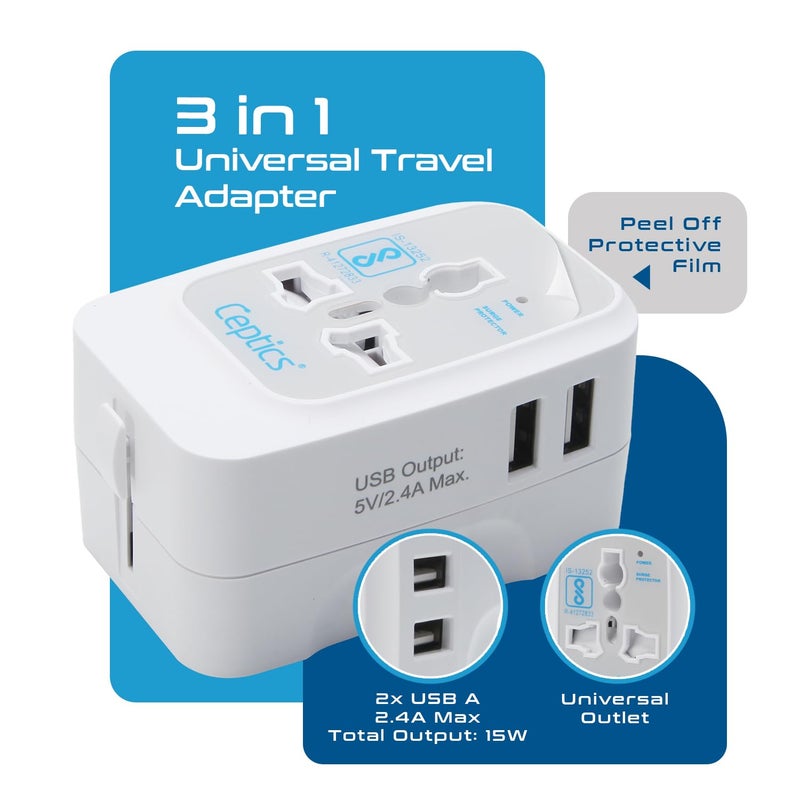 Ceptics Universal Charger Adapter 3 in 1 Universal Travel Adapter All in One Universal Travel Accessories 2 USB 24A 100250 Voltage Travel Charger International Travel Adapter White - Image 2