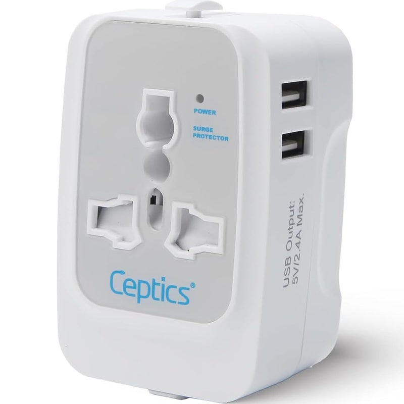 Ceptics Universal Charger Adapter 3 in 1 Universal Travel Adapter All in One Universal Travel Accessories 2 USB 24A 100250 Voltage Travel Charger International Travel Adapter White - Image 1