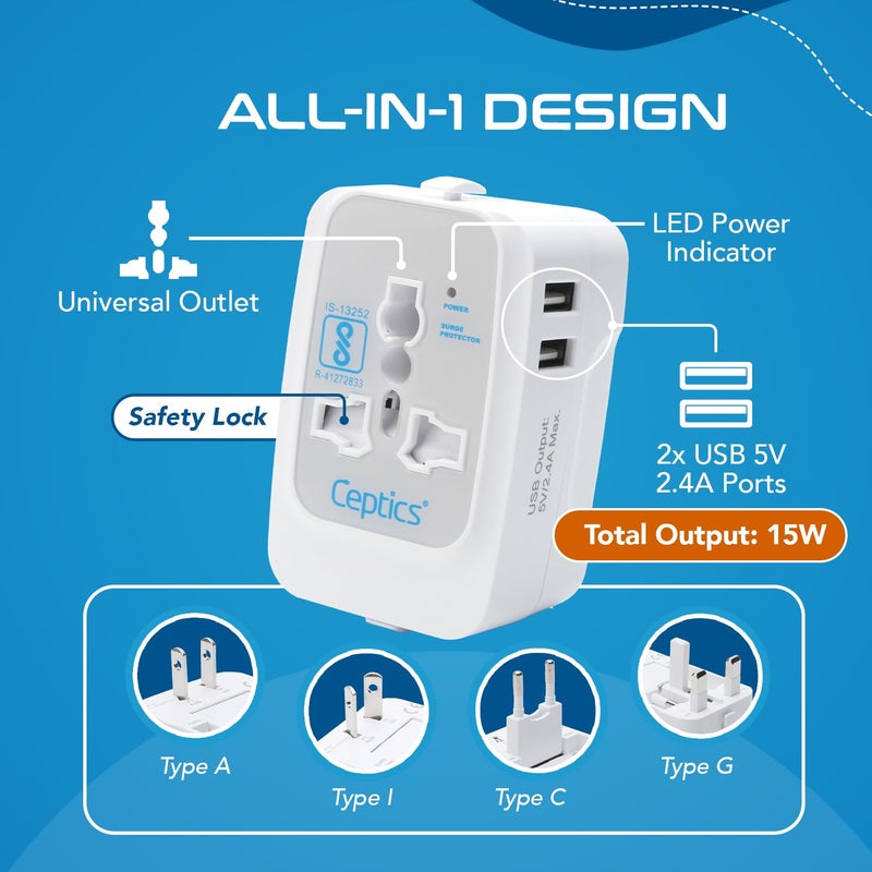 Ceptics Universal Charger Adapter 3 in 1 Universal Travel Adapter All in One Universal Travel Accessories 2 USB 24A 100250 Voltage Travel Charger International Travel Adapter White - Image 4