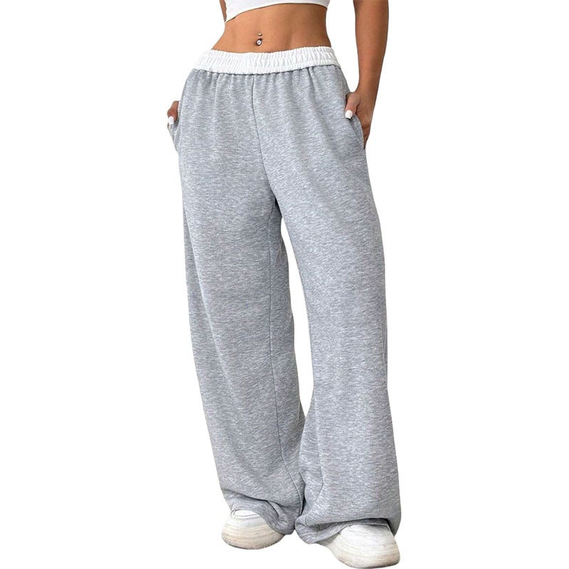 Cross-border color contrast drawstring womens wide-leg casual loose sports pants comfortable European and American personality street spring new women Light gray 