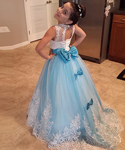 WDE Princess Blue Long Girls Pageant Dresses Kids Prom Puffy Tulle Ball Gown US 10 - Image 4