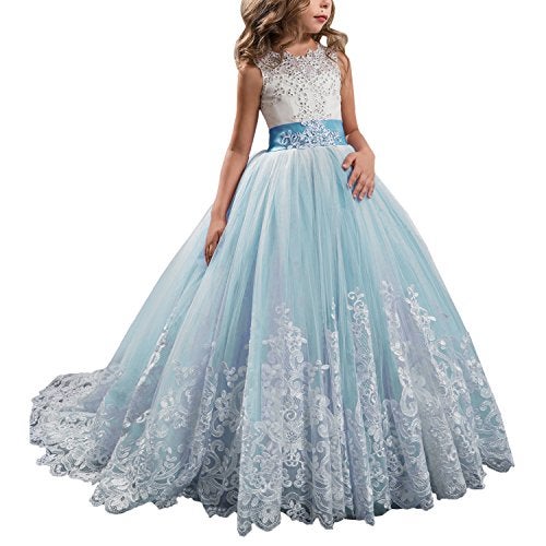 WDE Princess Blue Long Girls Pageant Dresses Kids Prom Puffy Tulle Ball Gown US 10 - Image 5
