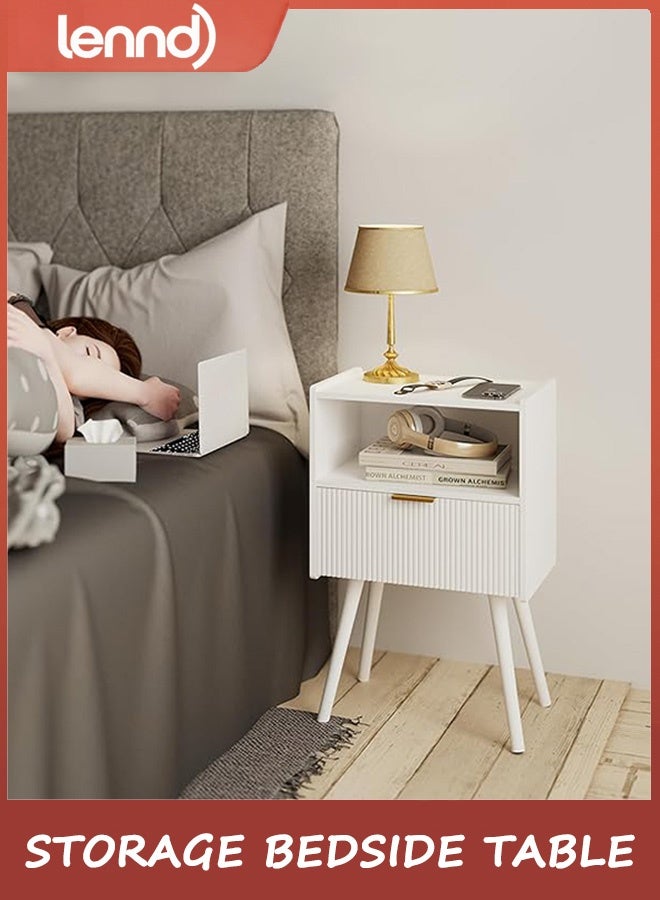 LENND White Nightstand,Modern Bedside Table with Storage Drawer and Open Wood Shelf, for Living Room, Bedroom and Small Spaces, Accent Night Stand with Solid Wood Legs, Easy Assembly,Classic White - Image 3