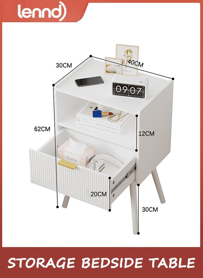 LENND White Nightstand,Modern Bedside Table with Storage Drawer and Open Wood Shelf, for Living Room, Bedroom and Small Spaces, Accent Night Stand with Solid Wood Legs, Easy Assembly,Classic White - Image 2