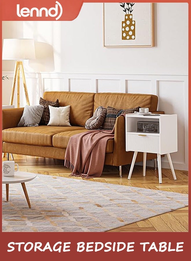 LENND White Nightstand,Modern Bedside Table with Storage Drawer and Open Wood Shelf, for Living Room, Bedroom and Small Spaces, Accent Night Stand with Solid Wood Legs, Easy Assembly,Classic White - Image 4