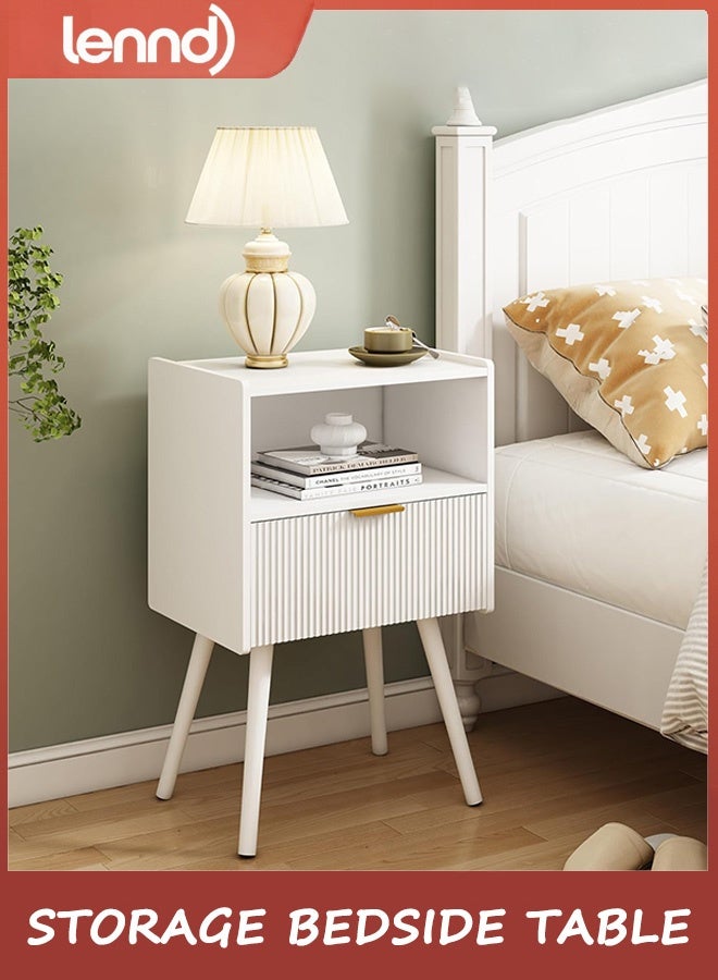 LENND White Nightstand,Modern Bedside Table with Storage Drawer and Open Wood Shelf, for Living Room, Bedroom and Small Spaces, Accent Night Stand with Solid Wood Legs, Easy Assembly,Classic White - Image 1