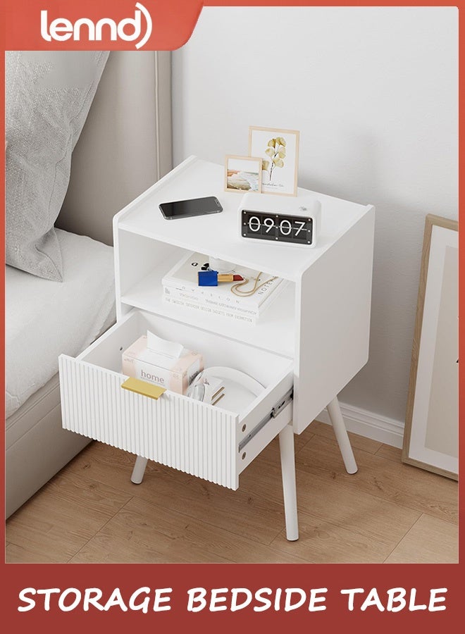 LENND White Nightstand,Modern Bedside Table with Storage Drawer and Open Wood Shelf, for Living Room, Bedroom and Small Spaces, Accent Night Stand with Solid Wood Legs, Easy Assembly,Classic White - Image 5