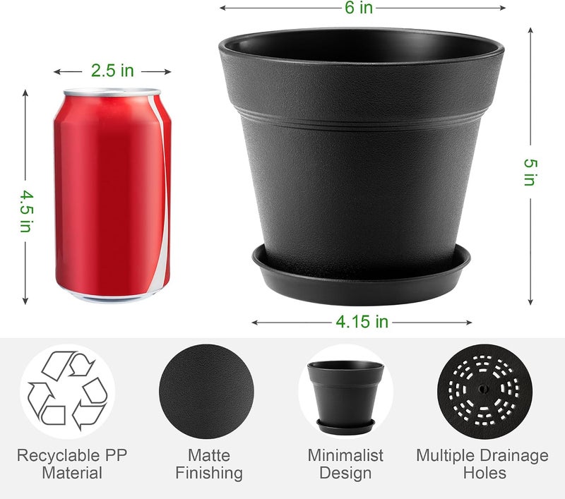 FHWTY 10 Pack Plastic Plant Pots with Drainage Holes and Tray, 6 inch Thickened Indoor Planters Seedlings Nursery Pots for Flowers, African Violet, Succulent and All House Plants, Black - Image 2