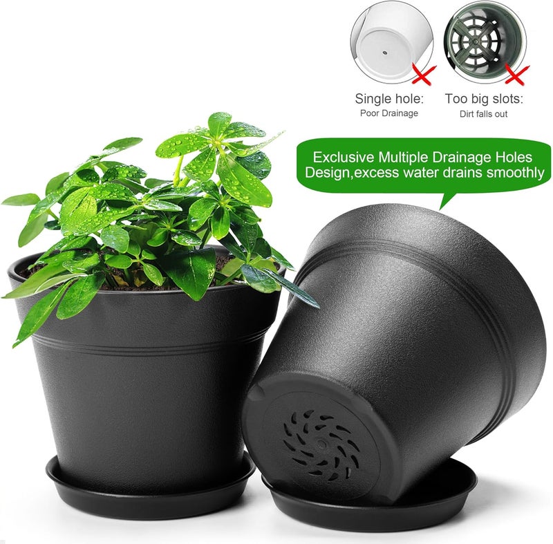 FHWTY 10 Pack Plastic Plant Pots with Drainage Holes and Tray, 6 inch Thickened Indoor Planters Seedlings Nursery Pots for Flowers, African Violet, Succulent and All House Plants, Black - Image 3