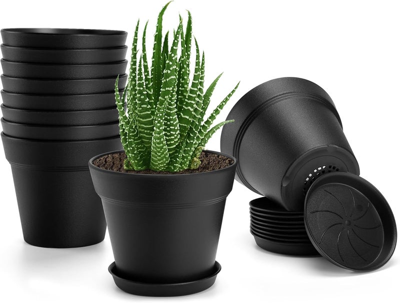 FHWTY 10 Pack Plastic Plant Pots with Drainage Holes and Tray, 6 inch Thickened Indoor Planters Seedlings Nursery Pots for Flowers, African Violet, Succulent and All House Plants, Black - Image 1
