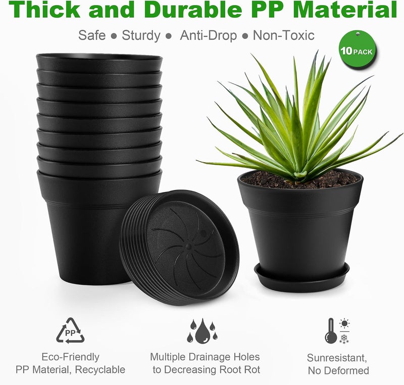 FHWTY 10 Pack Plastic Plant Pots with Drainage Holes and Tray, 6 inch Thickened Indoor Planters Seedlings Nursery Pots for Flowers, African Violet, Succulent and All House Plants, Black - Image 4