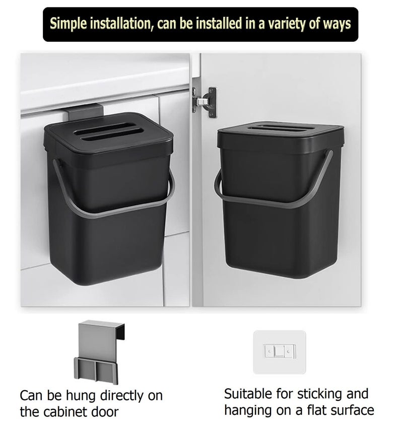 Newraturner Small Trash Can with Lid Mini Kitchen Hanging Trash Can Tightly Sealed Odor Free, Small Countertop Compost Bin for Scraps from Daily Cooking, Mountable Trash Bin for Kitchen Counter, 5L/1.3 Black - Image 3