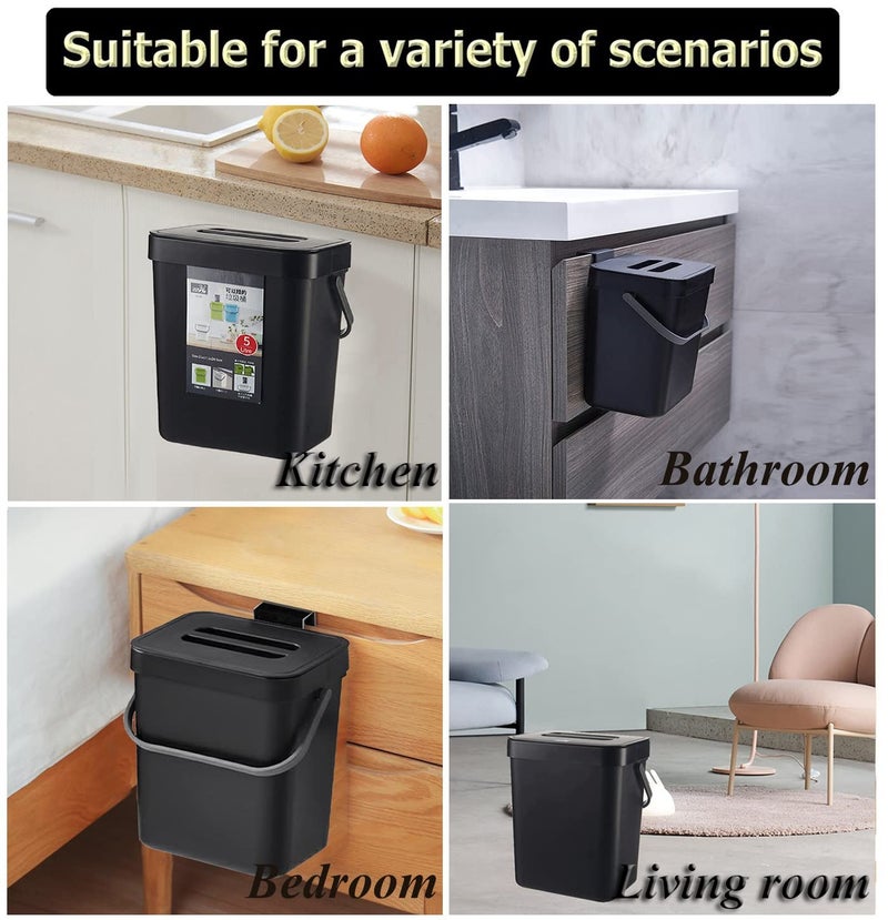 Newraturner Small Trash Can with Lid Mini Kitchen Hanging Trash Can Tightly Sealed Odor Free, Small Countertop Compost Bin for Scraps from Daily Cooking, Mountable Trash Bin for Kitchen Counter, 5L/1.3 Black - Image 5