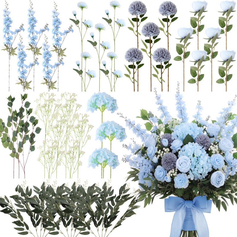 Suncalla 36 Pcs Blue Artificial Flowers Bouquet Set 8 Kind Faux Delphinium Rose Peony Chrysanthemum Hydrangea Baby's Breath Florals with Greenery Long Stem for Wedding Table Centerpiece Vase Decor - Image 1