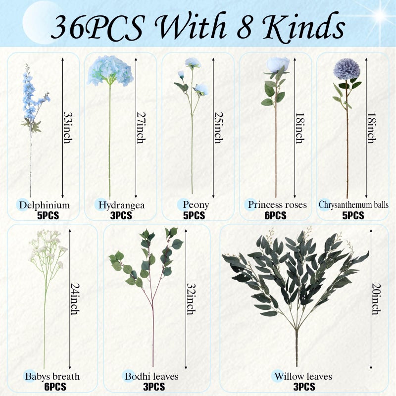 Suncalla 36 Pcs Blue Artificial Flowers Bouquet Set 8 Kind Faux Delphinium Rose Peony Chrysanthemum Hydrangea Baby's Breath Florals with Greenery Long Stem for Wedding Table Centerpiece Vase Decor - Image 2