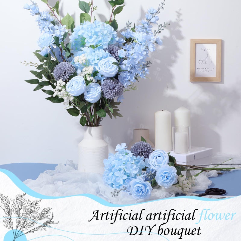 Suncalla 36 Pcs Blue Artificial Flowers Bouquet Set 8 Kind Faux Delphinium Rose Peony Chrysanthemum Hydrangea Baby's Breath Florals with Greenery Long Stem for Wedding Table Centerpiece Vase Decor - Image 4