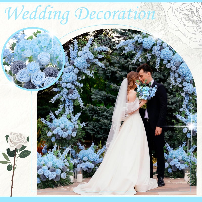 Suncalla 36 Pcs Blue Artificial Flowers Bouquet Set 8 Kind Faux Delphinium Rose Peony Chrysanthemum Hydrangea Baby's Breath Florals with Greenery Long Stem for Wedding Table Centerpiece Vase Decor - Image 5