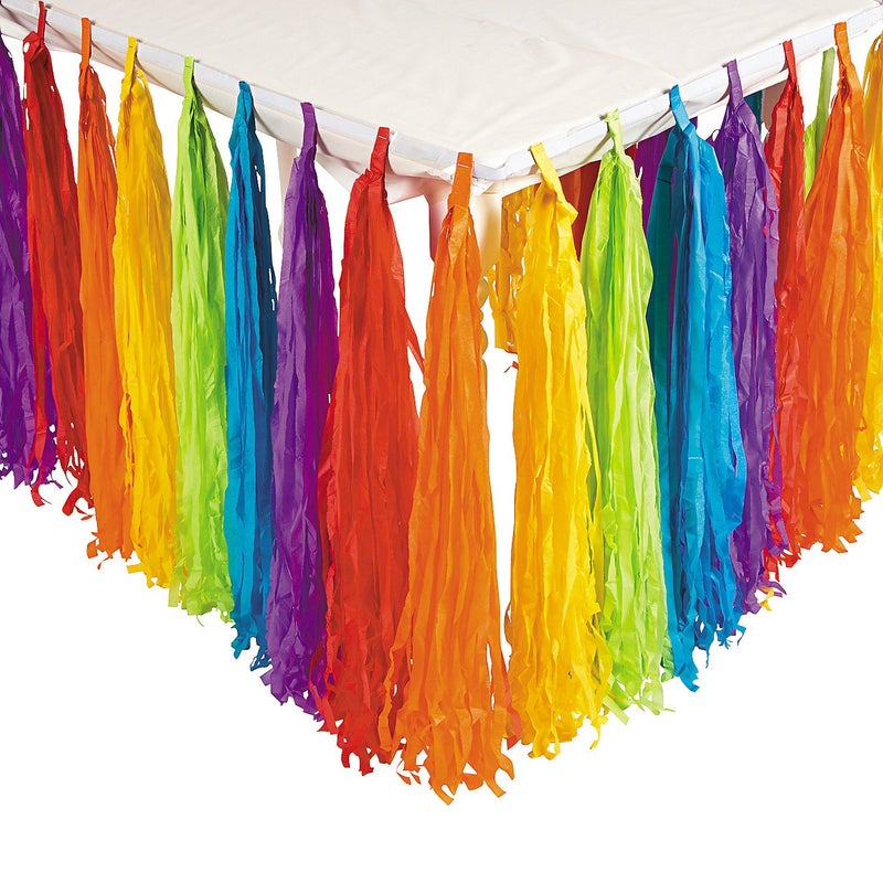 Fun Express Rainbow Fringe Table Skirt 9 feet Birthday Party Decor Colorful Decorations for Classroom Parade Float Supplies