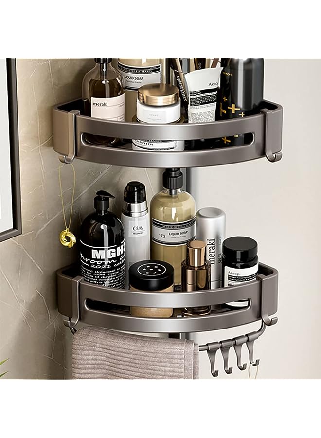 IAF Shower Caddy for Shower Wall, Non Drilling Corner Self-Adhesive Bathroom Shelves Accessories Organizer, Rust Free Shelves for Kitchen with Towel Hanging Hooks (2Pcs, Grey with Bar) - Image 1