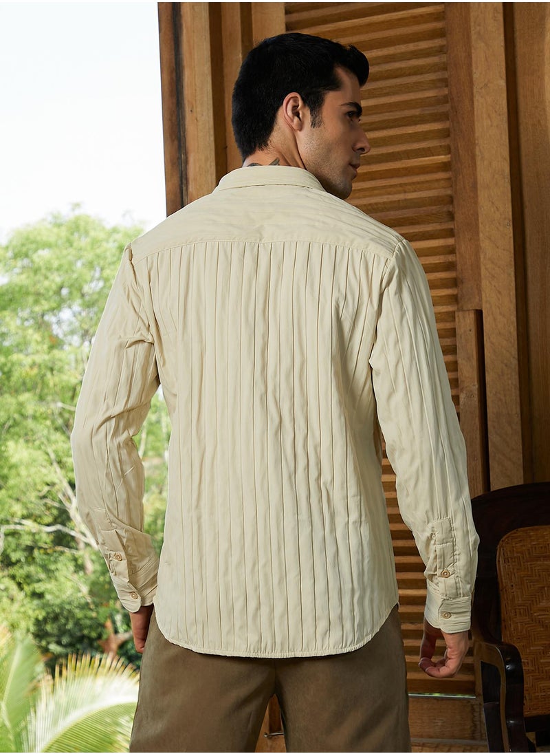 Campus Sutra Campus Sutra Men's Cream White Quilt-Tactile Shirt For Casual Wear | Spread Collar | Long Cuffed Sleeves | Button Closure | Shirt Crafted With Comfort Fit For Everyday Wear  - Image 5