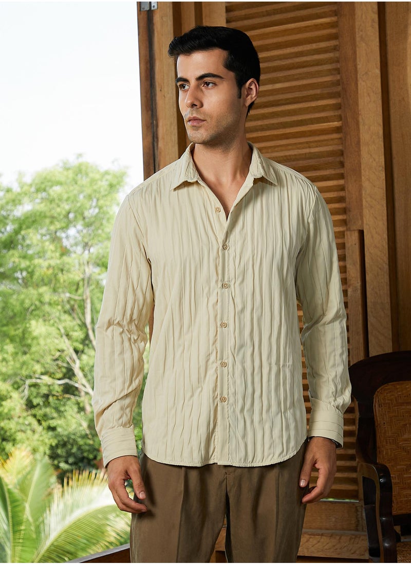 Campus Sutra Campus Sutra Men's Cream White Quilt-Tactile Shirt For Casual Wear | Spread Collar | Long Cuffed Sleeves | Button Closure | Shirt Crafted With Comfort Fit For Everyday Wear  - Image 2