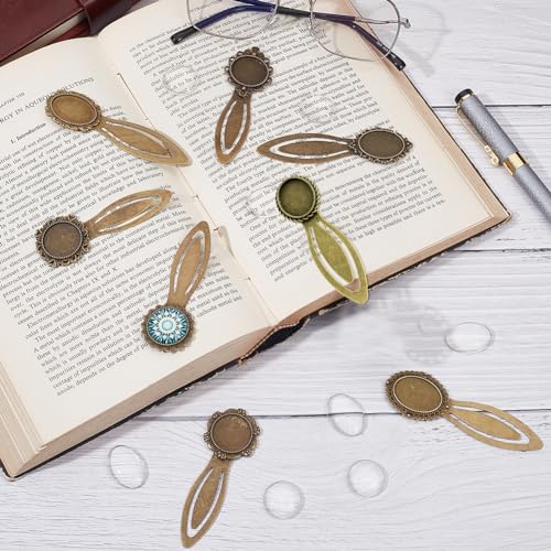 SUNNYCLUE 1 Box 16Pcs DIY 8 Sets Vintage Bookmark Metal Antique Bronze Bookmark Bezel Tray Cabochon Book Marks Making Kit Clear Glass Cabochons Book Mark Blank Bezels for Adults DIY Crafts - Image 4