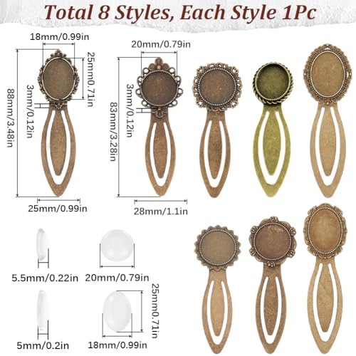 SUNNYCLUE 1 Box 16Pcs DIY 8 Sets Vintage Bookmark Metal Antique Bronze Bookmark Bezel Tray Cabochon Book Marks Making Kit Clear Glass Cabochons Book Mark Blank Bezels for Adults DIY Crafts - Image 2
