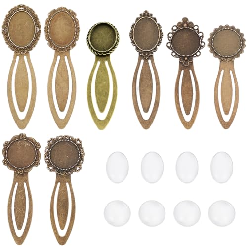 SUNNYCLUE 1 Box 16Pcs DIY 8 Sets Vintage Bookmark Metal Antique Bronze Bookmark Bezel Tray Cabochon Book Marks Making Kit Clear Glass Cabochons Book Mark Blank Bezels for Adults DIY Crafts - Image 1