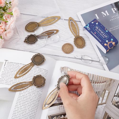 SUNNYCLUE 1 Box 16Pcs DIY 8 Sets Vintage Bookmark Metal Antique Bronze Bookmark Bezel Tray Cabochon Book Marks Making Kit Clear Glass Cabochons Book Mark Blank Bezels for Adults DIY Crafts - Image 3