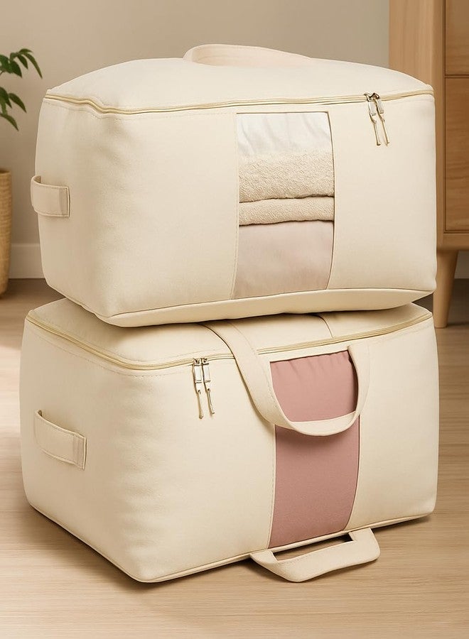 Kottify XL Canvas Storage Bags with zipper, 4 handles & window, size 25x19x9 inches. Ideal for blankets, sarees, lehengas & more. Pack of 2 for organized wardrobes. - Image 1