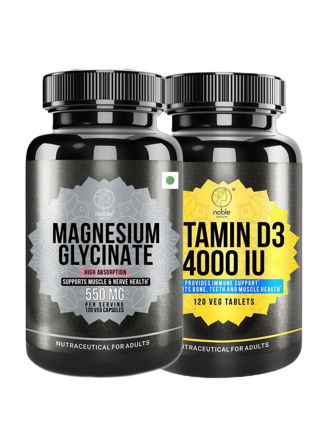 noble nature Magnesium Glycinate High Absorption 550MG 120 Veg Capsules & Vitamin D3 4000 IU, Provides Immune Support, Supports Bone, Teeth and Muscle Health 120 Veg Tablets Bundle - Image 1