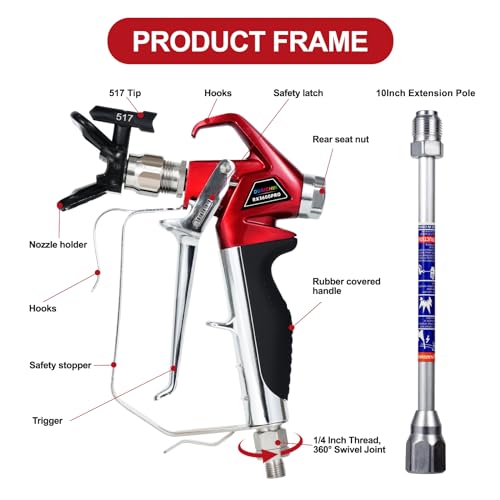DUSICHIN Airless Paint Primer Spray Gun High Pressure 3600 PSI Reversible 517 Nozzle Tip Guard Swivel Joint with 10 inches Extension Pole for Titan Graco Airless Paint Sprayers Aftermarket DUS3600 - Image 5