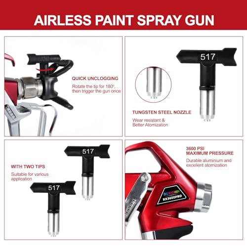 DUSICHIN Airless Paint Primer Spray Gun High Pressure 3600 PSI Reversible 517 Nozzle Tip Guard Swivel Joint with 10 inches Extension Pole for Titan Graco Airless Paint Sprayers Aftermarket DUS3600 - Image 4