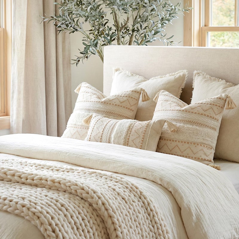 BlissBlush 20X20 Throw Pillow Cover, Cream Neutral Beige Square Decorative Cushion Cover, Boho Accent Pillowcase with Tufted Details and Tassels for Couch Sofa Living Room (Cover Only) - Image 5