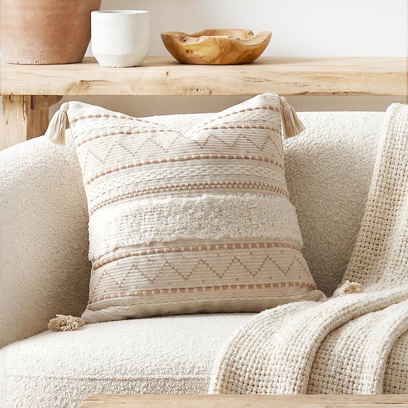 BlissBlush 20X20 Throw Pillow Cover, Cream Neutral Beige Square Decorative Cushion Cover, Boho Accent Pillowcase with Tufted Details and Tassels for Couch Sofa Living Room (Cover Only) - Image 1