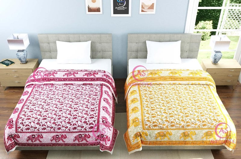 WORLDNEX 400 TC Pure Cotton Jaipuri Design Printed Light Weight Traditional Rajasthani Print Single Bed QuiltRazaiRajai Design 6 Single Bed Set of 2 Combo Set - Image 4