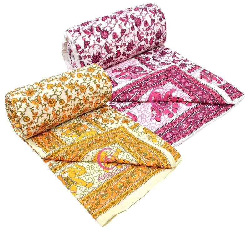WORLDNEX 400 TC Pure Cotton Jaipuri Design Printed Light Weight Traditional Rajasthani Print Single Bed QuiltRazaiRajai Design 6 Single Bed Set of 2 Combo Set - Image 2