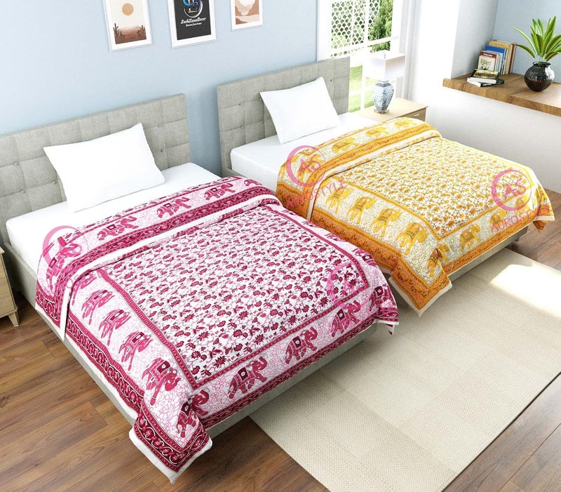 WORLDNEX 400 TC Pure Cotton Jaipuri Design Printed Light Weight Traditional Rajasthani Print Single Bed QuiltRazaiRajai Design 6 Single Bed Set of 2 Combo Set - Image 5