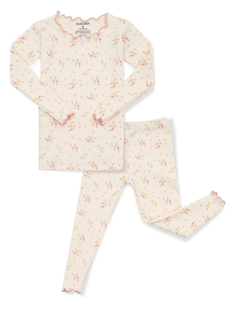 AVAUMA Baby Boys Girls Pajama Set 6M-7T Kids Cute Toddler Snug fit Flower Pattern Design Pjs Cotton Sleepwear Ruffled Shirring (Bling.Ivory.M) - Image 1