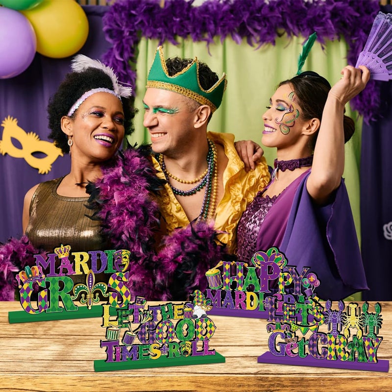CHYAGCLT 4Psc Mardi Gras Decorations Wooden Table Centerpieces Mardi Gras Table Decorations Masquerade Party Decor for New Orleans Carnival Celebration - Image 2
