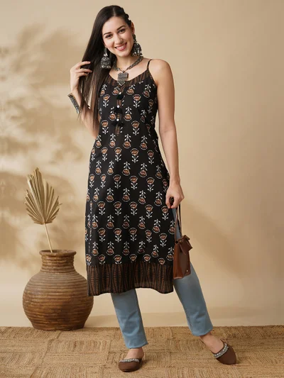 globus Globus Women Ethnic Motifs Printed Cotton Straight Kurta