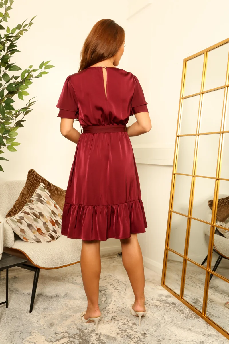 Double Second burgundy Burgundy Red Satin Double Tea Sleeve Wrap Dress for Women | Best Price UAE