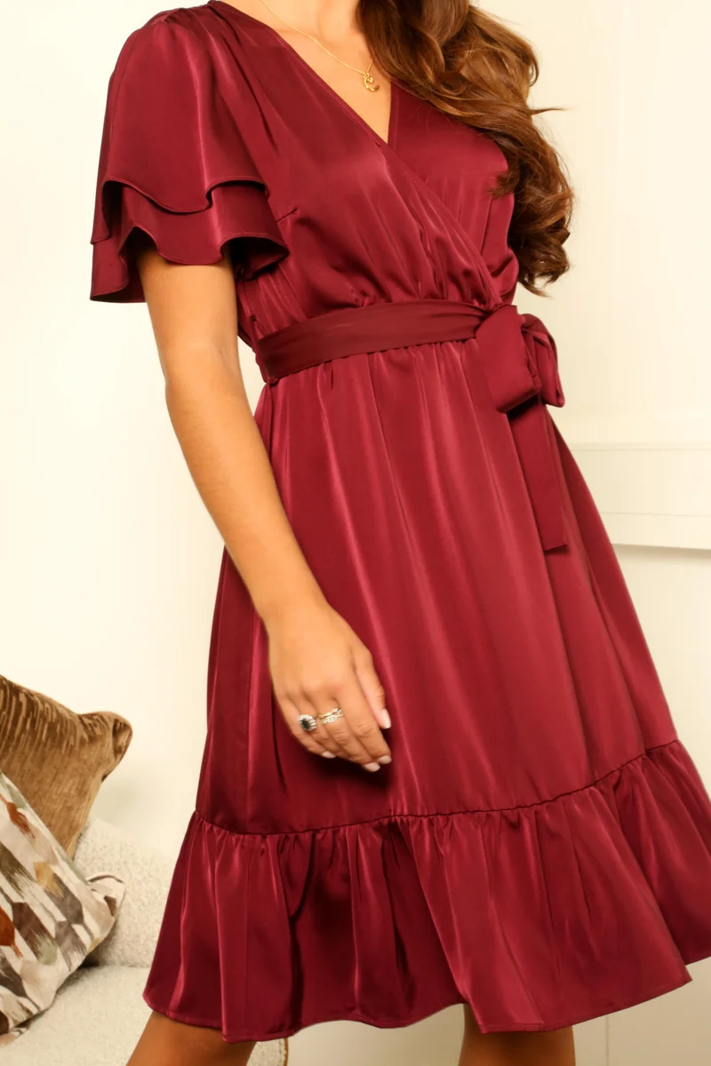 Double Second Burgundy Red Satin Double Tea Sleeve Wrap Dress