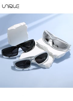 Unique 2 PCS Sun Glasses - Wrap-around Sun Glasses - Stylish oval thick-frame Sun Glasses - UV400 Sun Glasses - Men's and women's Sun Glasses(Black and Sliver)  - Image 5