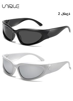 Unique 2 PCS Sun Glasses - Wrap-around Sun Glasses - Stylish oval thick-frame Sun Glasses - UV400 Sun Glasses - Men's and women's Sun Glasses(Black and Sliver)  - Image 1