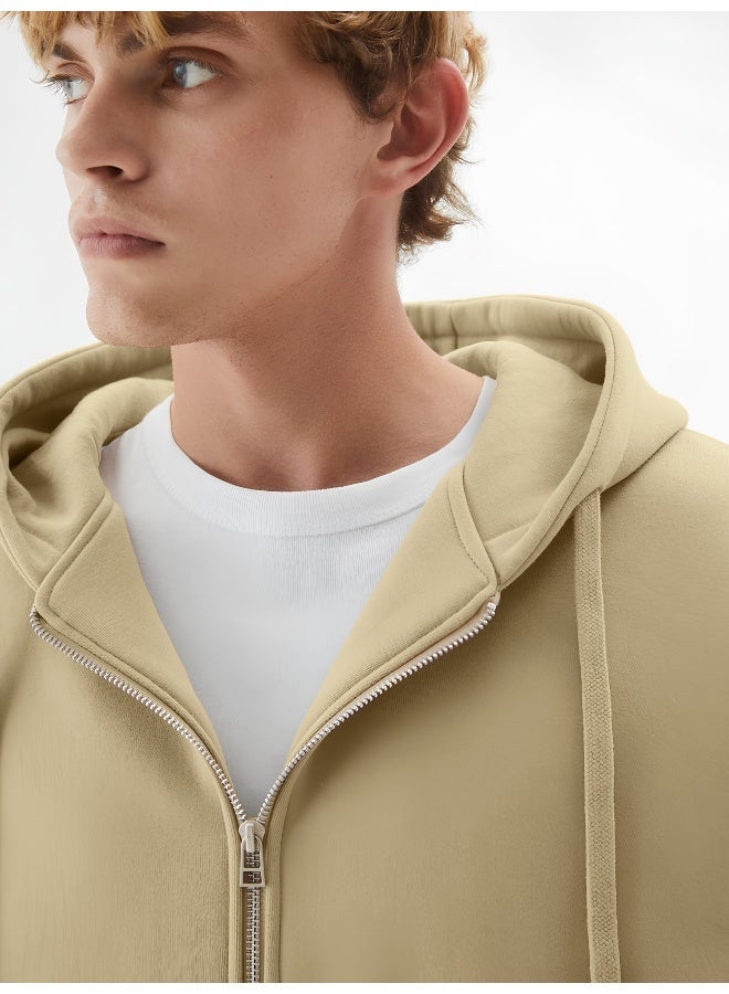 Maniac Mens Solid Hooded Neck Full Sleeve Full Zipper Open Beige French Terry Loose fit Sweatshirt - Image 2