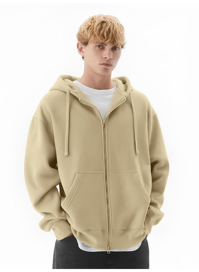 Maniac Mens Solid Hooded Neck Full Sleeve Full Zipper Open Beige French Terry Loose fit Sweatshirt - Image 1