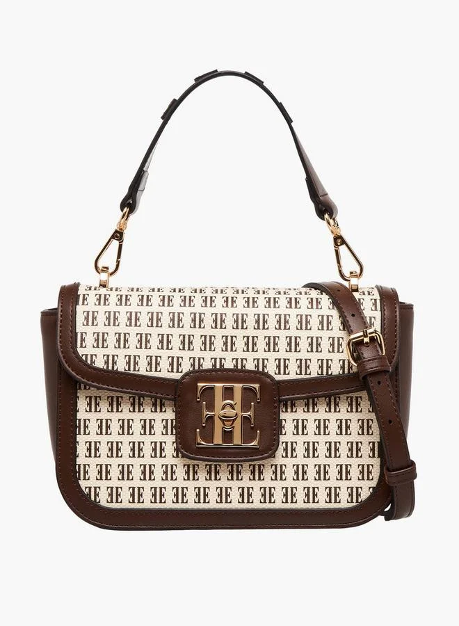 ELLE Monogram Print Satchel Bag with Detachable Strap